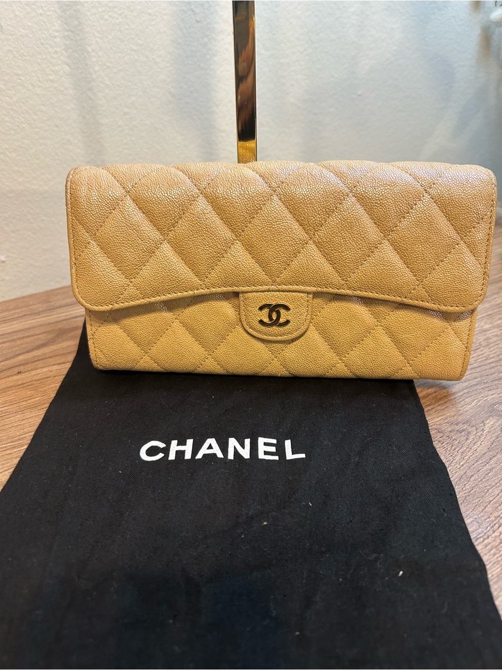 CHANEL Quilted Metallic Beige Wallet with Gold CC Turnlock